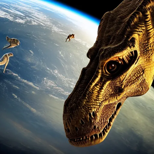 Prompt: dinosaurs living in space, realistic, detailed, precise, 4k