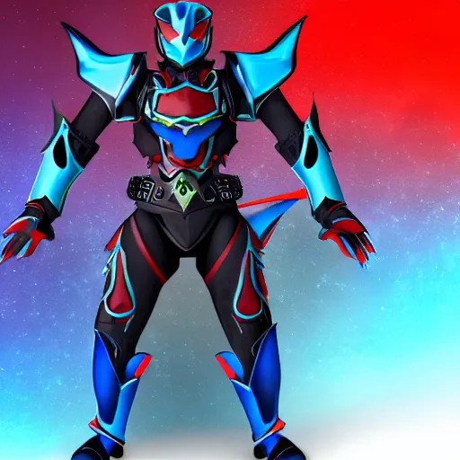 Image similar to High Fantasy Kamen Rider, blue armor with red secondary color, 4k, glowing eyes, daytime, dark grey rubber undersuit, dragon inspired armor