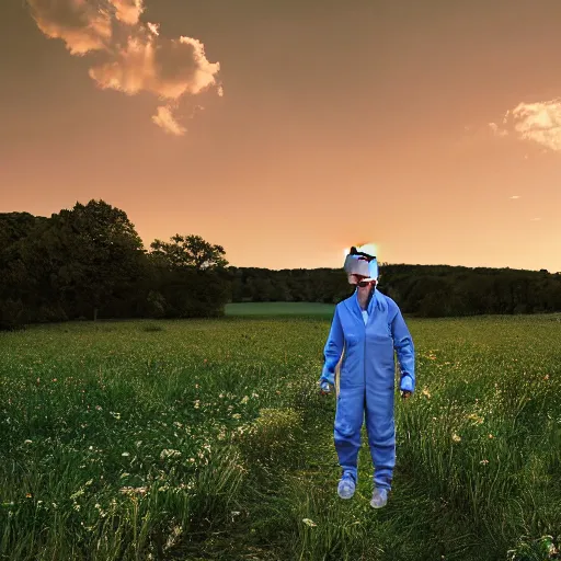 Image similar to rick sanchez in lab suit, face to camera walking in a field. france, dordogne, hills, ultra high, face to camera, detail, 8 k, sunset, flowers, trees, river, hills, octane render.