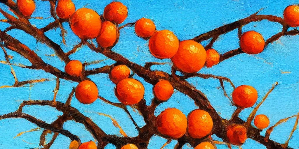 Prompt: brunch of orange tree against bright blue sky closeup, oil paint