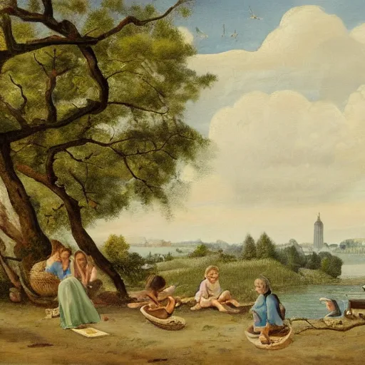 Prompt: A detailed painting of a landscape, close and to the left there is a beautiful young woman laughing and playing with her young children, they have a picnic table by a large tree with green leaves and there's a small nest with sparrow hanging in one of the branches over them. In the distance, there's a large lake with a sandy beach and a city across from it, one or two boats are in the lake and a flock of geese fly overhead. It's early evening, there's not a cloud in the sky, but there is a warm breeze and a crescent moon is already visible in the sky. Extremely detailed masterwork of art, worthy of being hung in a museum gallery, high quality - n5