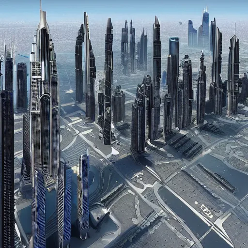 Prompt: futuristic skyline of dubai in the year 2 0 5 0 inspired by cyberpunk with flying spider drones