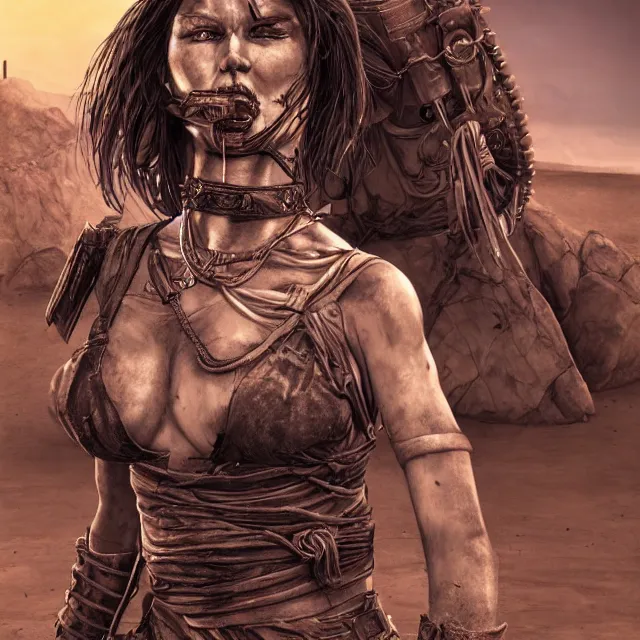 Image similar to woman warrior from mad max, sunny desert, gorgeous, elegant, young gravure idol, an ultrafine hyperdetailed illustration by kim jung gi, irakli nadar, intricate linework, bright colors, unreal engine 5 highly rendered, global illumination, radiant light, detailed and intricate environment