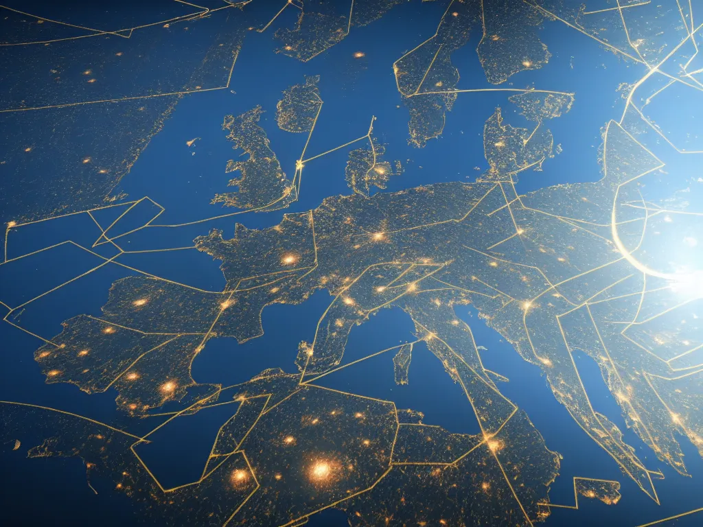 Prompt: aerial view of europe with a huge super computer in the middle connected to the earth with cables visible from space, artstation, volumetric light, high detail, reflections, perfect, concept art, hdr, 8 k