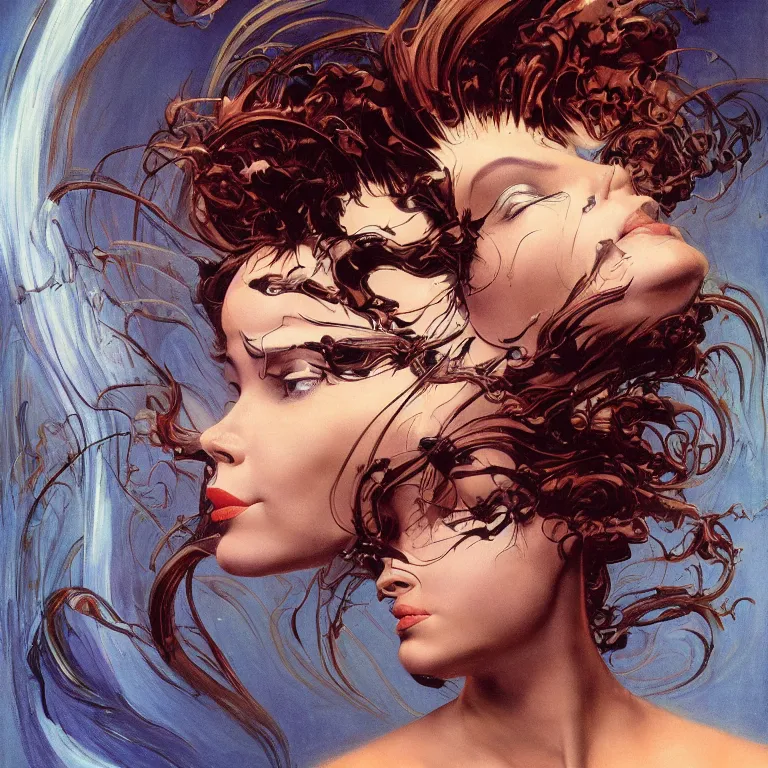 Prompt: rotation 9 0 ° of a portrait of a woman with swirling hair and fractal skin by frank frazetta, retrofuturism, psychedelic art reimagined by industrial light and magic