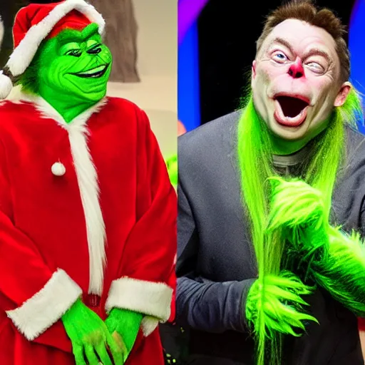 Prompt: funny face pulling competition winning funny face photo of elon musk as the grinch, pulling the move'derp banshee ', hilarious face pulling competition winner, extreme face contortion