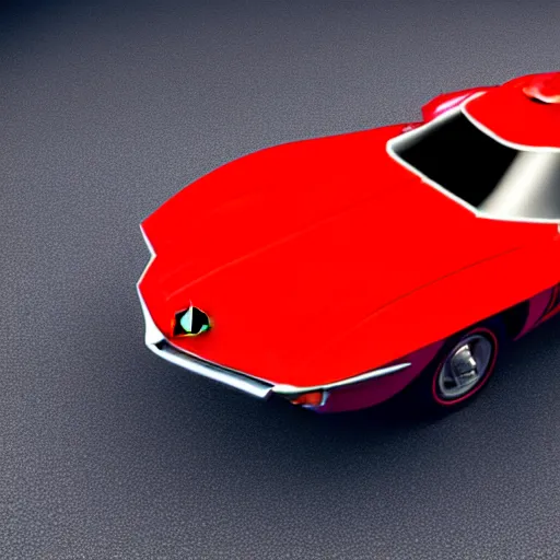 Image similar to The car is Corvette C2 1969, red paint, in a blank studio room. The car is on a perfectly flat floor. Orthographic front view of the car.