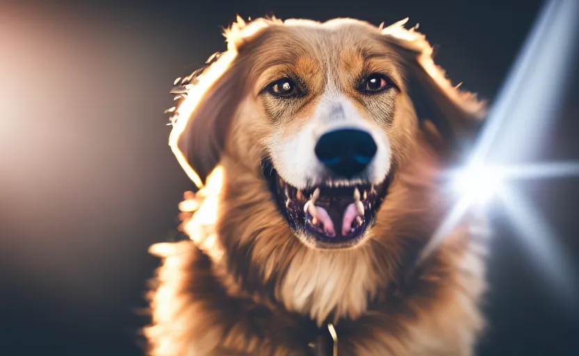 Prompt: portrait of a happy dog, natural light, lens flare, detailed face, cinematic lighting, 8 k