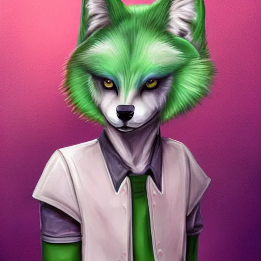 Image similar to Beautiful digital painting of an anthro anthropomorphic pastel-green androgynous wolf, Punk outfit. cute