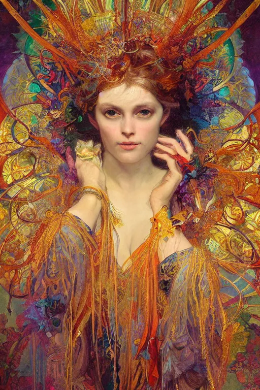 Prompt: a beautifull intricate painting of a disembodied soul wearing a feathered cloak surrounded by thin ornate golden tendrils, butterflies, fractals, flying silk, vivid colors, artstation, by jeremy mann, by alphonse mucha,