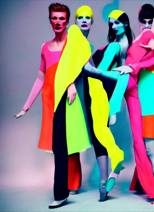 Prompt: david bowie music clip with dancers dressed by sonia delaunay clothing, neon lights, photorealistic, eastman kodak