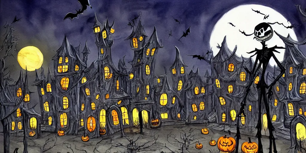 Prompt: a beautiful painting of a halloween town, pumpkin king town jack skellington, by the nightmare before christmas