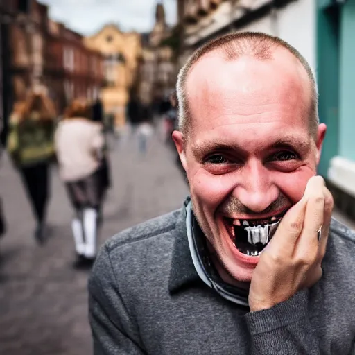 Image similar to british man with bad teeth, street photography, 4k