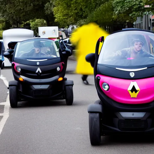 Image similar to photo of a clown driving a renault twizy in traffic jam,