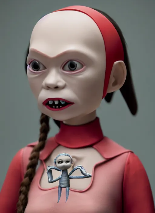 Image similar to closeup face profile portrait of tin toy greta thunberg as nosferatu, bikini, depth of field, zeiss lens, detailed, symmetrical, centered, fashion photoshoot, by nicoletta ceccoli, mark ryden, lostfish, breathtaking, 8 k resolution, extremely detailed, beautiful, establishing shot, artistic, hyperrealistic, octane render