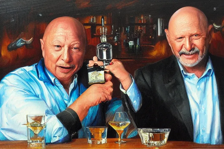 Prompt: portrait of tom atkins and donald pleasents drinking tequila shots, an oil painting by ross tran and thomas kincade