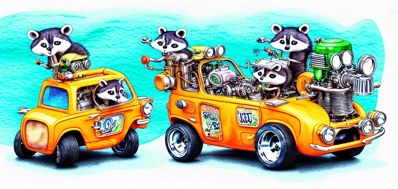 Image similar to cute and funny, racoon riding in a tiny hot rod with oversized engine, ratfink style by ed roth, centered award winning watercolor pen illustration, isometric illustration by chihiro iwasaki, edited by range murata, tiny details by artgerm and watercolor girl, symmetrically isometrically centered