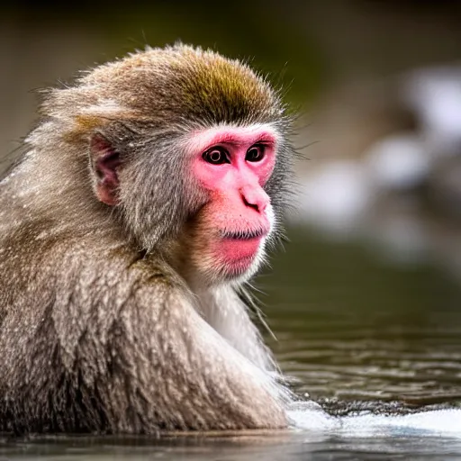 Prompt: japanese macaque bathing in a hot spring, winter, nature photography