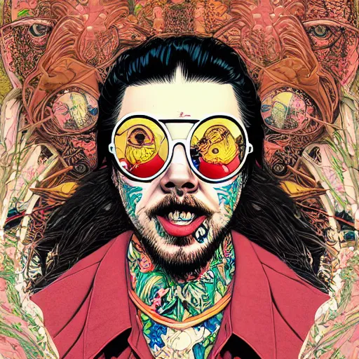 Prompt: portrait of crazy post malone with round digital sunglasses, dreaming, symmetrical, by yoichi hatakenaka, masamune shirow, josan gonzales and dan mumford, ayami kojima, takato yamamoto, barclay shaw, karol bak, yukito kishiro