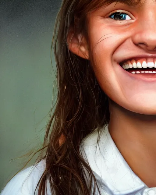 Image similar to close up portrait of 1 5 - year - old girl, smile with large front teeth, hermione, very bushy brown hair, and very bright brown eyes, wearing white shirt, hyper realistic face, beautiful eyes, character art, art by mark brooks, hyperdetailed, cryengine, trending on artstation, digital art