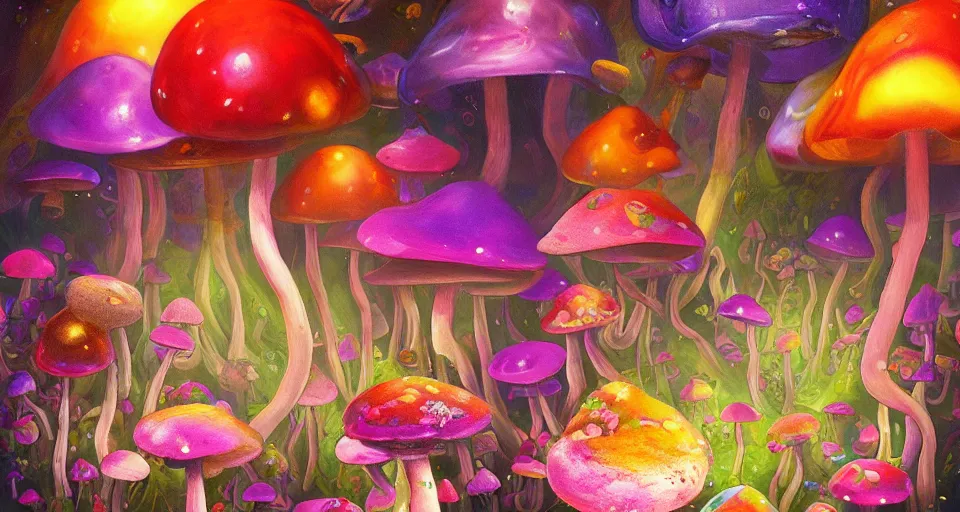 Image similar to a beautiful painting of trippy mushrooms by Tokio Aoyama, Mario Martinez, David Normal. photorealistic, trending on artstation, dramatic lighting, 8K, fantasy beautiful, surreal, cinematic.