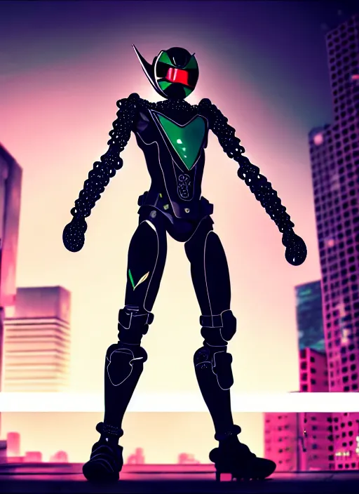 Prompt: kamen rider action pose, human structure insects concept art, full body hero, intricate detail, art and illustration by irakli nadar and kim hyung tae and alexandre ferra, global illumination, on tokyo cyberpunk night rooftop