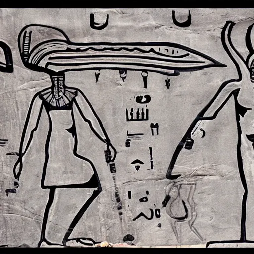 Prompt: gray aliens drawn on a egypt wall