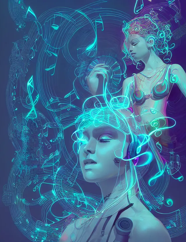 Image similar to 3 d goddess of music and 🔊 wide angle portrait with musical notes, headphones, subwoofers, and speakers. music, wave frequencies, cymatics. auditory symbiogenesis, synaesthesia, polyphonic communication, sonic projection, artwork by tooth wu and android jones wlop and android jones and beeple and greg rutkowski