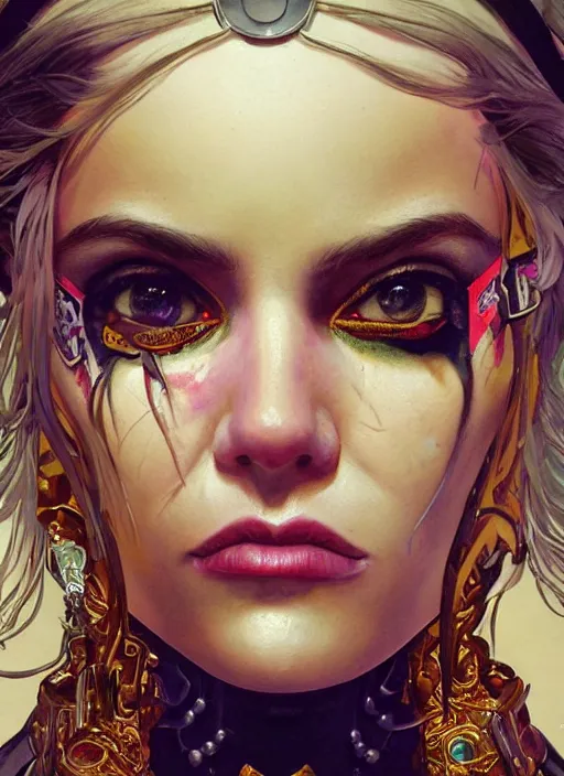 Prompt: close up portrait painting of a female rockstar dressed in 9 0's street fashion, ultra realistic, concept art, intricate details, serious, highly detailed, photorealistic, octane render, 8 k, unreal engine. art by artgerm and greg rutkowski and alphonse mucha