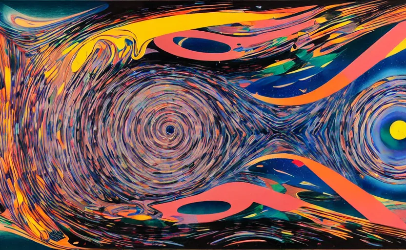 Prompt: decollage painting stillness of motion of the old moon and stars night colorful whirlwinds by adrian ghenie and takato yamamoto and edward hopper and mark ryden and tsutomu nihei, part by bridget riley, acrylic pour and splashing paint, very coherent, baroque elements, perfect anatomy, intricate design. pop art.