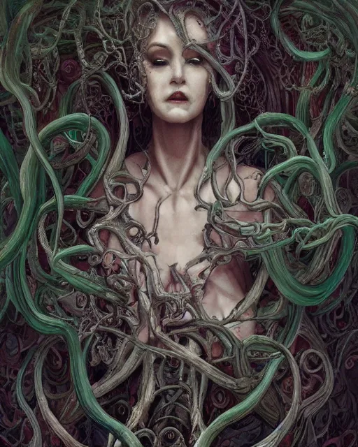 Image similar to centered beautiful detailed side view profile portrait of a dead, crazed, mad old woman, ornate tentacles growing around, ornamentation, thorns, vines, tentacles, elegant, beautifully soft lit, full frame, by wayne barlowe, peter mohrbacher, kelly mckernan, h r giger