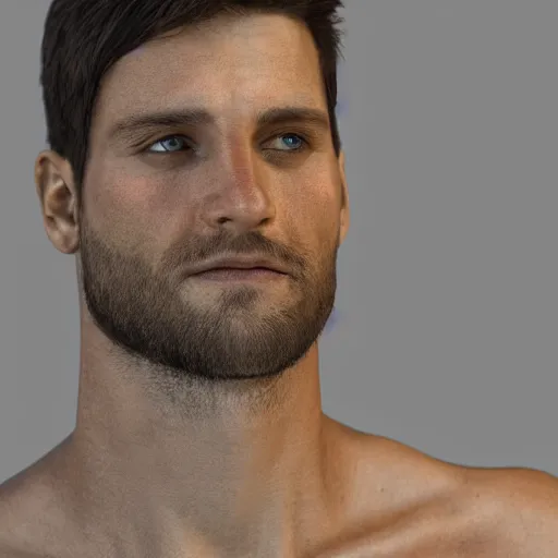 Prompt: 3 d render of a handsome man's face, brown hair, dark blue eyes, chiseled jaw, black t shirt, photorealistic, trending on artstation, ambiant lightning