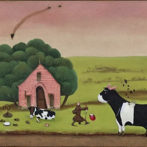 Image similar to painting of a big fat cow with a long curved neck. it's neck has a bell attached with a pink ribbon. it's fore udder lay on the ground as the cow is in sit position. the cow is playing violin with it's front legs. the scene is in a medieval styled field with three peasants spitting on the cow's face.