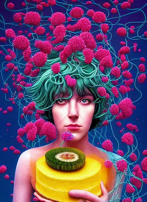 Image similar to hyper detailed 3d render like a Oil painting - Ramona Flowers with wavy black hair wearing thick mascara seen Eating of the Strangling network of colorful yellowcake and aerochrome and milky Fruit and Her staring intensely delicate Hands hold of gossamer polyp blossoms bring iridescent fungal flowers whose spores black the foolish stars by Jacek Yerka, kawaii ,Mariusz Lewandowski, cute silly face, Houdini algorithmic generative render, Abstract brush strokes, Masterpiece, Edward Hopper and James Gilleard, Zdzislaw Beksinski, Mark Ryden, Wolfgang Lettl, Dan Hiller, hints of Yayoi Kasuma, octane render, 8k