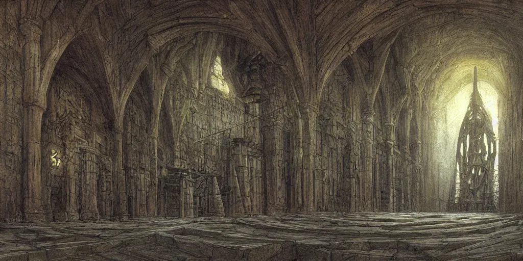 Prompt: Artwork by John Howe of the cinematic view of the Seventh Terrifying Prison.