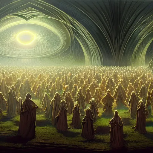 Prompt: a cylindrical quantum computer surrounded by a dark cabal of hooded elven mystics with long robes gathered in a circular formation, michael whelan art, dan seagrave art, cgsociety, artstation, epic scifi fantasy art