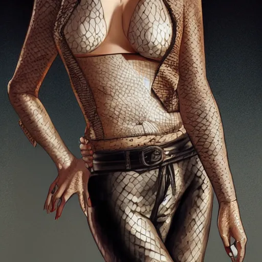 Image similar to yakuza slim girl, gold suit jacket in snake print, jacket over bare torso, yakuza tattoo on body, black short curtain haircut, black leather pants with black belt, elegant, 2d, ultra highly detailed, digital painting, smooth, sharp focus, artstation, art by artgerm, rossdraws