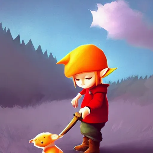 Prompt: cute little boy character inspired in little hood red and link from legend of zelda, digital artwork made by lois van barlee and rhads