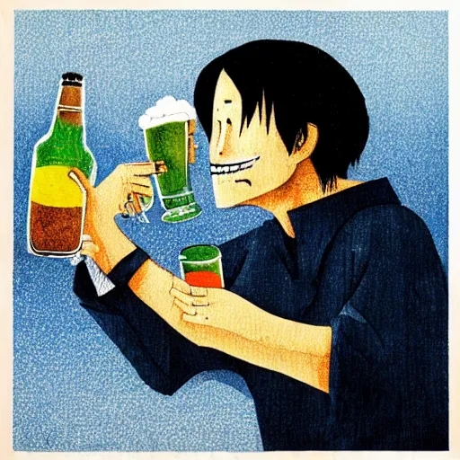 Prompt: a man happily drinks beer by Kimitake Yoshioka.
