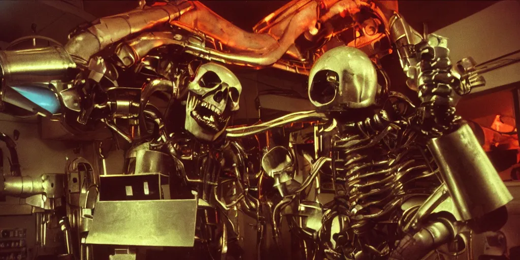 Prompt: movie still 35mm film photograph a screaming and angry dangerous shape mechanical creature, with multiple sharp, leaking pistons, robot skulls and blades protruding from its lower torso inside of a 1970s science lab, neon lights, dirty, ektachrome photograph, volumetric lighting, f8 aperture, cinematic Eastman 5384 film