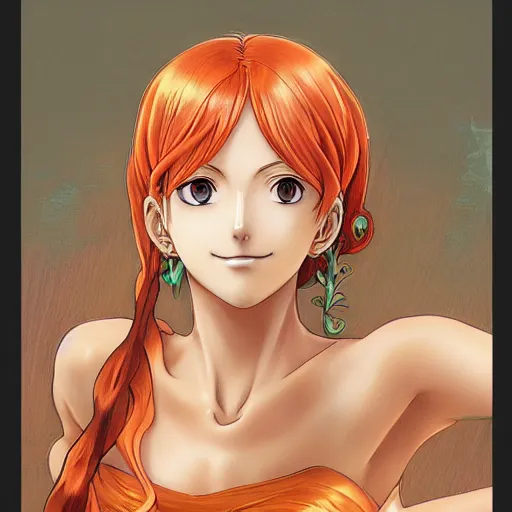 Image similar to intricately detailed vfx portrait of nami from one piece by eiichiro oda!, makoto shinkai, alphonse mucha, art by artgerm and greg rutkowski!, best of behance, concept art, matte, sharp focus, orange hair, adolphe bouguereau, annie leibovitz, stanley kubrick,