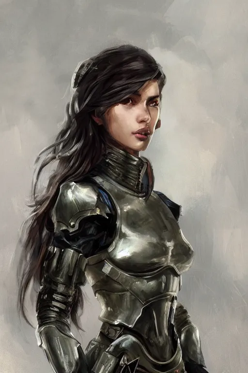 Image similar to a professionally painted portrait of an attractive young woman, clothed in military armor, olive skin, long dark hair, beautiful bone structure, symmetrical facial features, intricate, elegant, digital painting, trending on Artstation, concept art, smooth, sharp focus, illustration, from Metal Gear by Ruan Jia and Mandy Jurgens and Artgerm and William-Adolphe Bouguerea, award winning