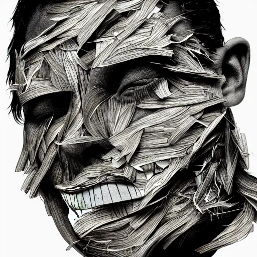 Prompt: face shredded like paper as skin peeling, dark, surreal, illustration, by ally burke