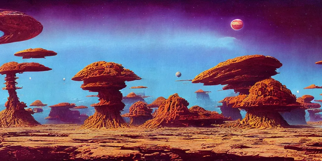 Prompt: landscape of an alien world, by bruce pennington. vibrant color