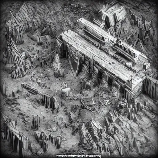 Image similar to attack to the goblin encampment, aerial view, fantasy, concept art, ambient occlusion