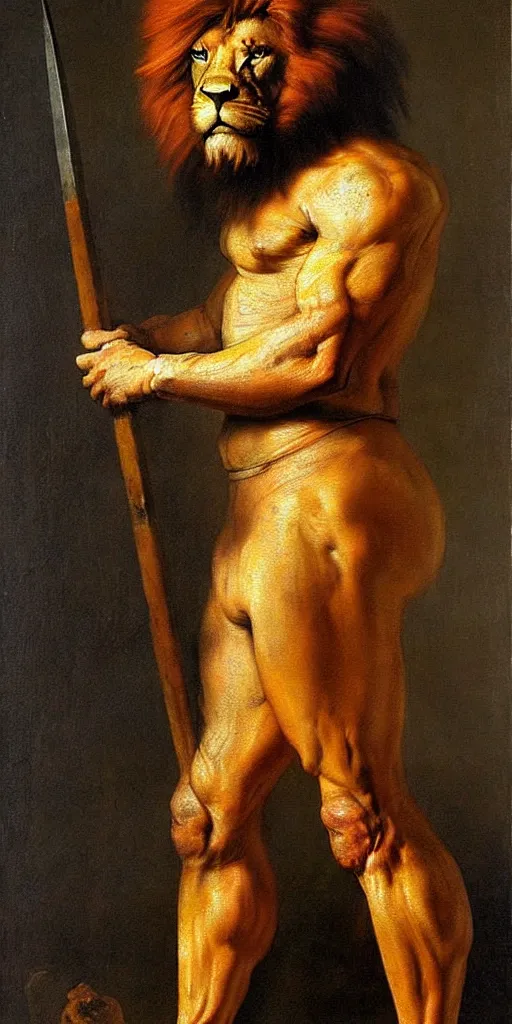 Prompt: muscular lion as barbarian hunter full body human legs , very textured detailed oil painting by rembrandt