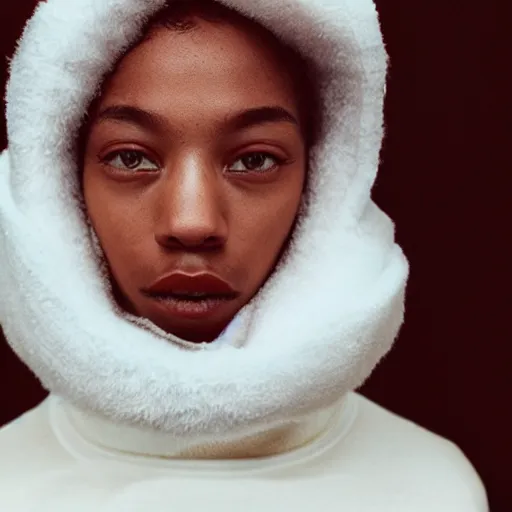 Image similar to realistic! photoshoot for a new balenciaga lookbook, color film photography, portrait of a beautiful woman wearing a balaclava puffer mask, photo in style of tyler mitchell, 35mm lens