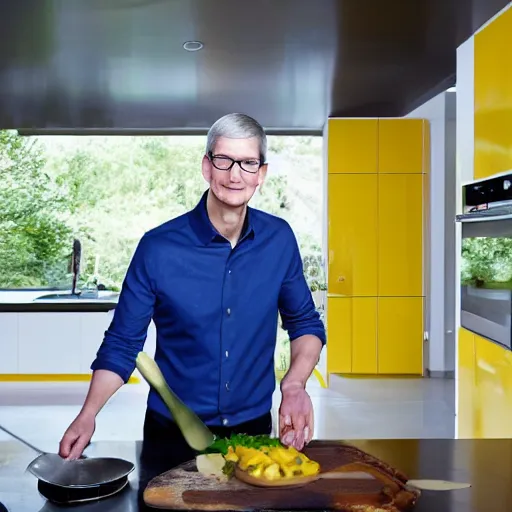 Prompt: Tim Cook cooking in a blue and yellow modern house