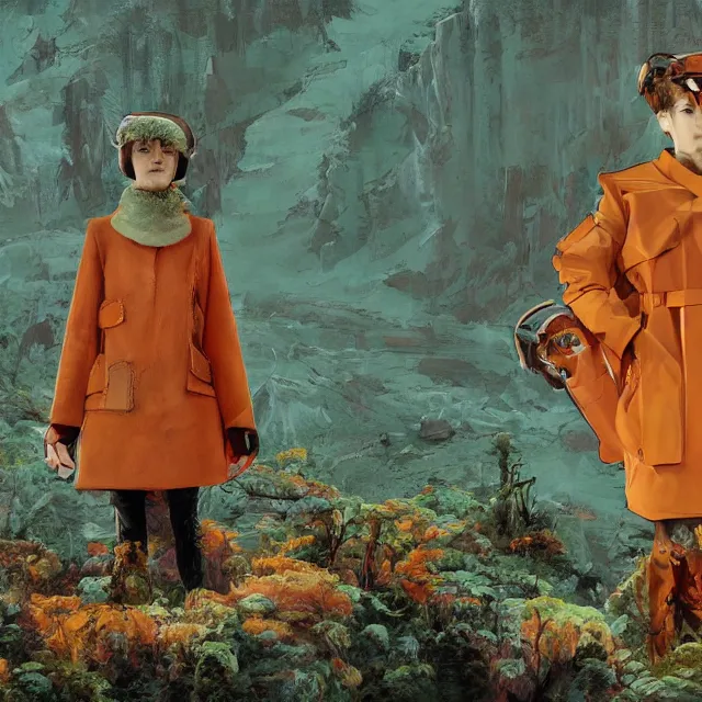 Prompt: portrait of alone androgynous girl wearing long orange vintage leather coat, bakelite rocky mountains, moss green japanese haunted forest background, ultrafine hyperdetailed illustration by hsiao - ron cheng and artgerm, wearing giant modular synthesizer 8 0 s sony stereo helmet and backpack, the grand budapest hotel, glow, no crop, digital art, artstation, pop art