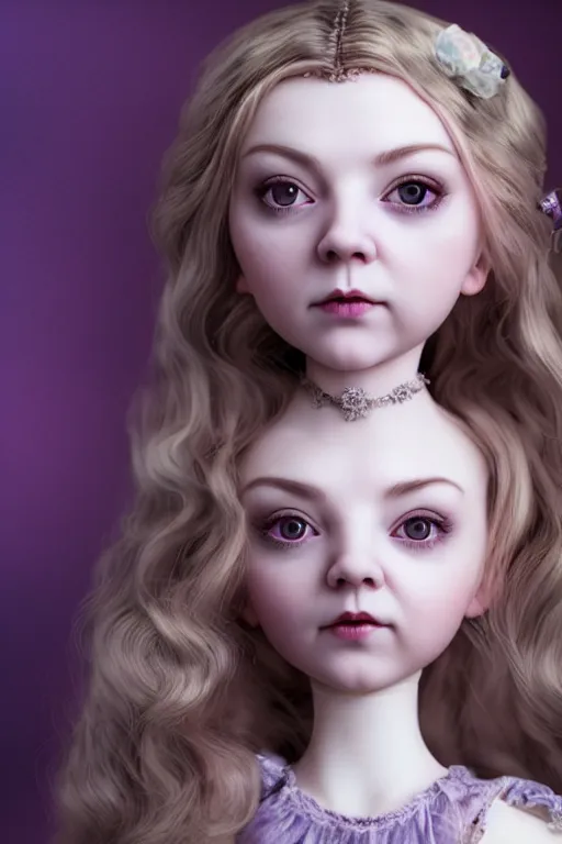 Image similar to natalie dormer as a cute porcelain doll with long purple hair, mark ryden style, vivid colors, high details, cinematic, 8 k resolution, beautiful detailed, photorealistic, digital painting, dark atmosphere, artstation, concept art, smooth, sharp focus, illustration, fantasy background, artstation trending, octane render, unreal engine